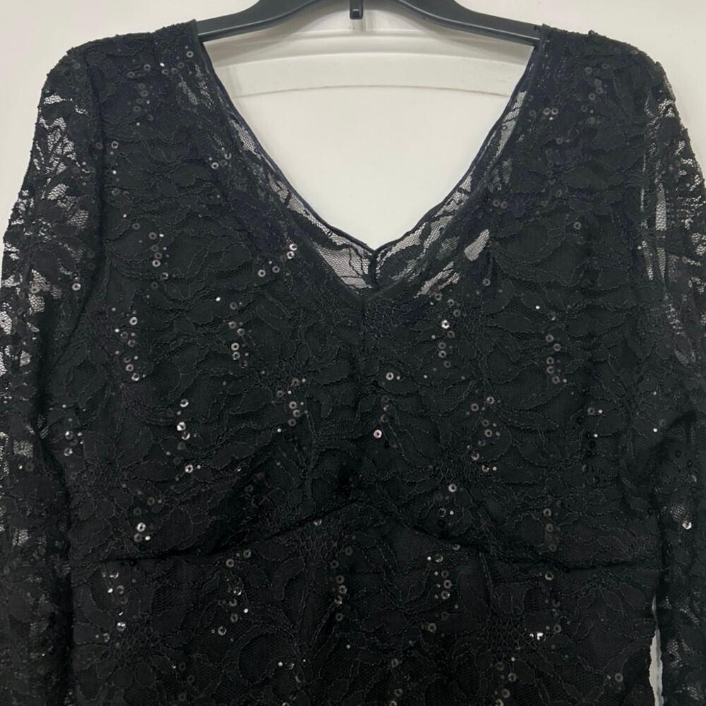 Boston Proper Black Lace Sequin V-Neck Top XL Made USA Y2K Evening Sheer Sleeves - Picture 6 of 11